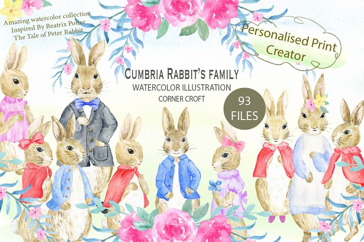Cumbria Rabbit Family, Mum, Dad, Sisters, Watercolor Illustration 