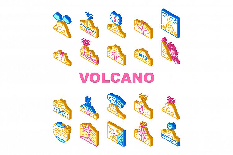 Volcano Lava Eruption Collection Icons Set Vector