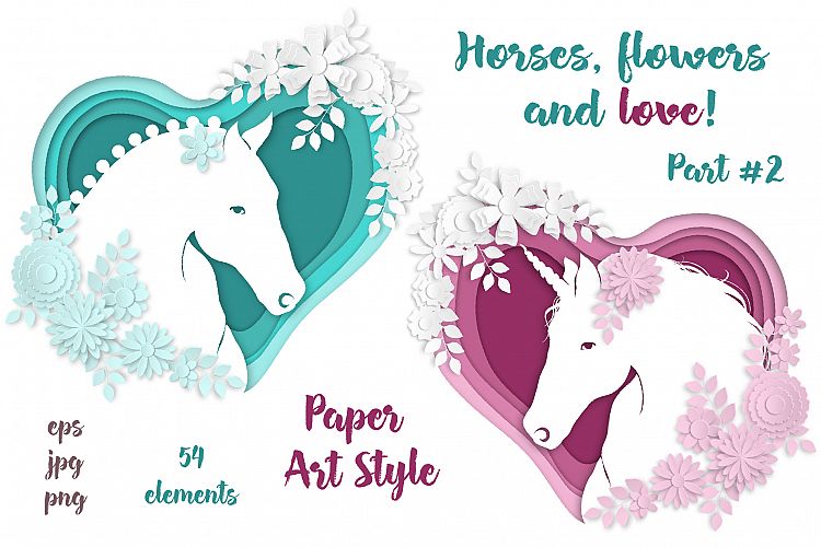 Horses, flowers & love (part #2)– Vector Paper Art Style