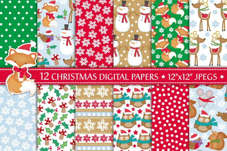 Christmas digital papers,Christmas patterns, Fox, Owl