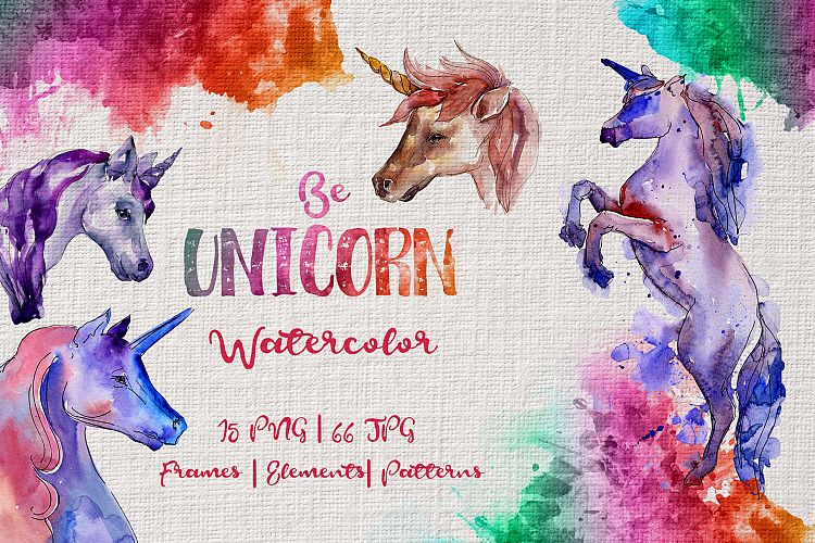 Colorful unicorn horse PNG watercolor set
