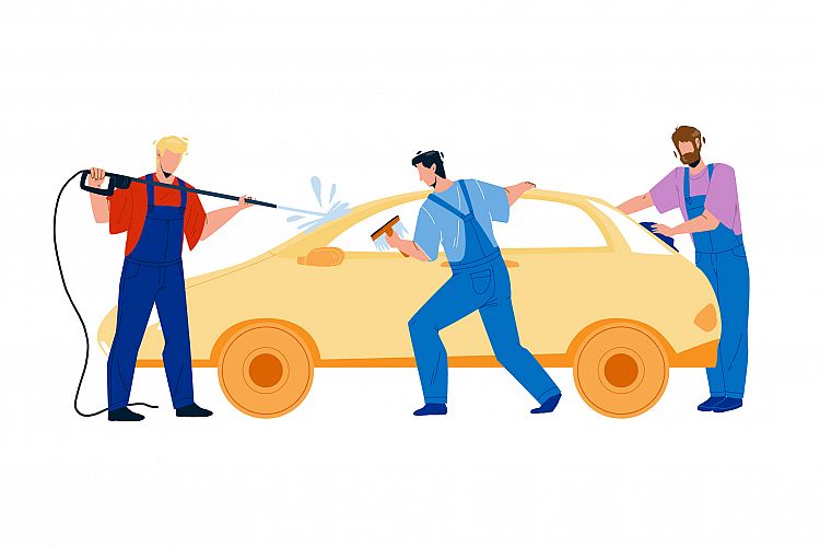 Car Wash Service Workers Washing Automobile Vector example image 1