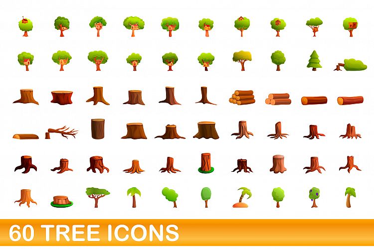 60 tree icons set, cartoon style example image 1