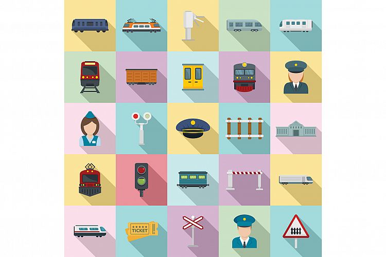 Electric train driver icons set, flat style