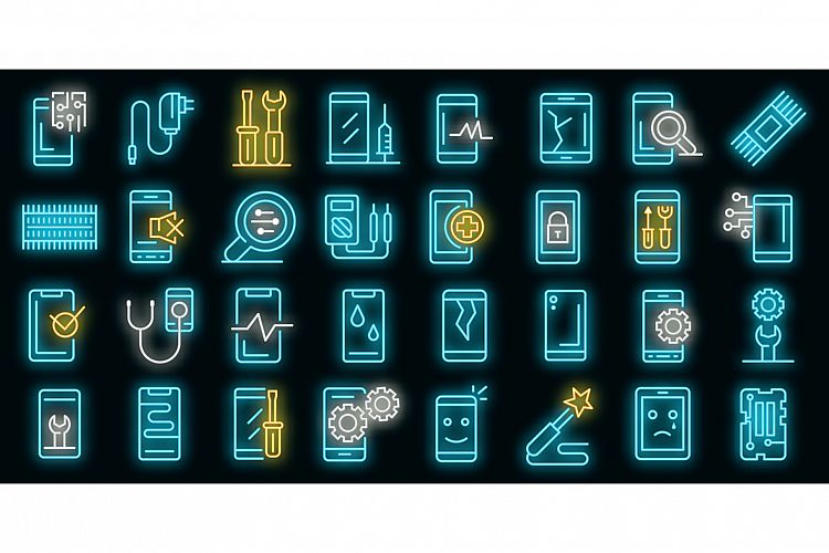 Mobile phone repair icons set vector neon example image 1