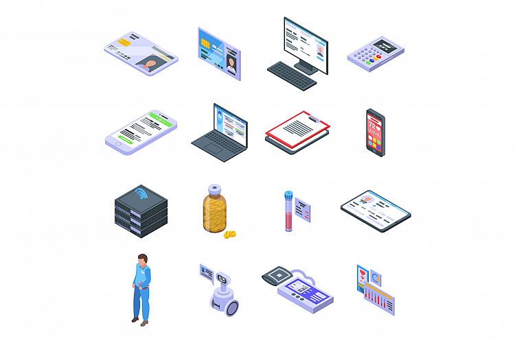 Electronic patient card icons set, isometric style