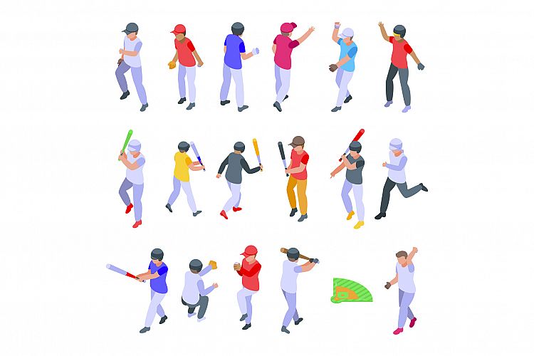 Kids playing baseball icons set, isometric style example image 1