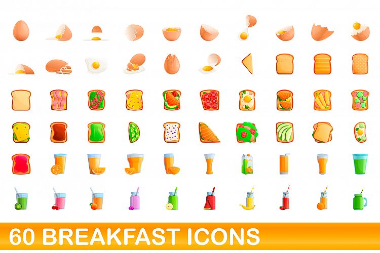 60 breakfast icons set, cartoon style example image 1