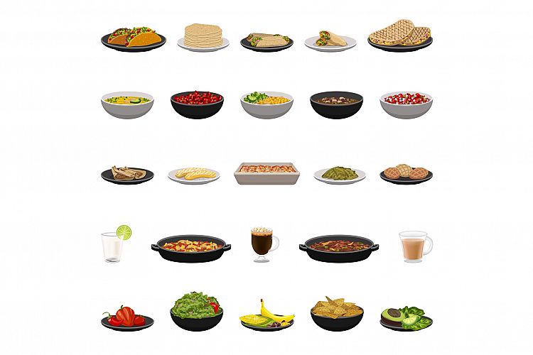 Mexican food icons set, cartoon style example image 1