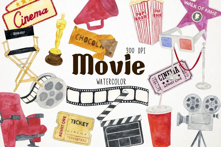 Watercolor Movie Clipart, Movie Clipart, Film Clipart