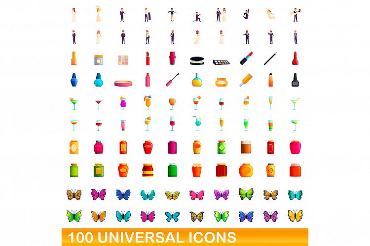 100 universal icons set, cartoon style