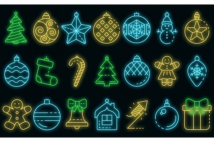 Christmas tree toys icons set vector neon
