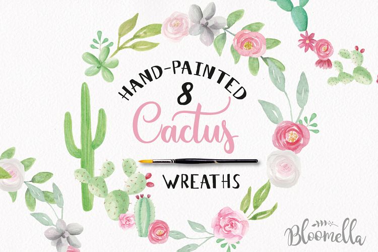Watercolor Cactus Floral Garlands Flower Wreath Clipart Set