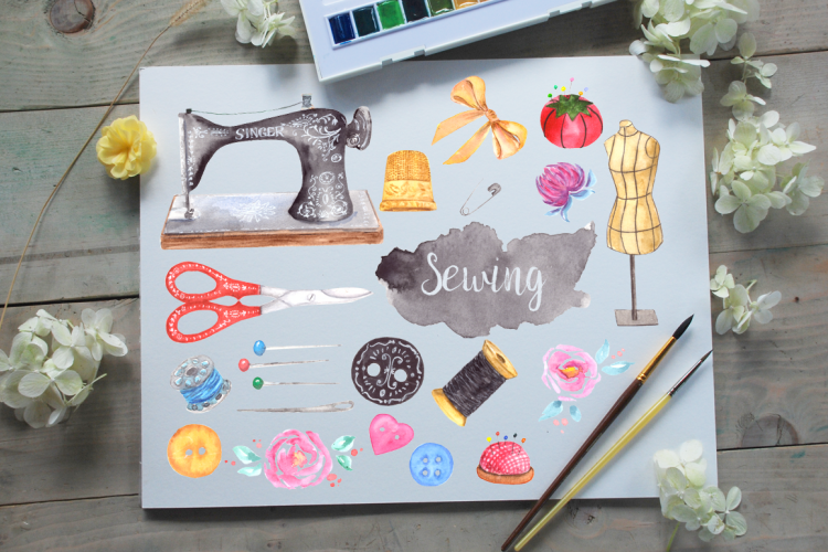 Watercolor Sewing Clip Art Set