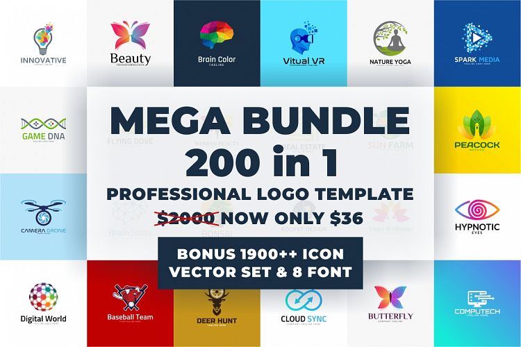 200 Premium Logo Template Bundle - Bonus 1900 Vector 8 Font