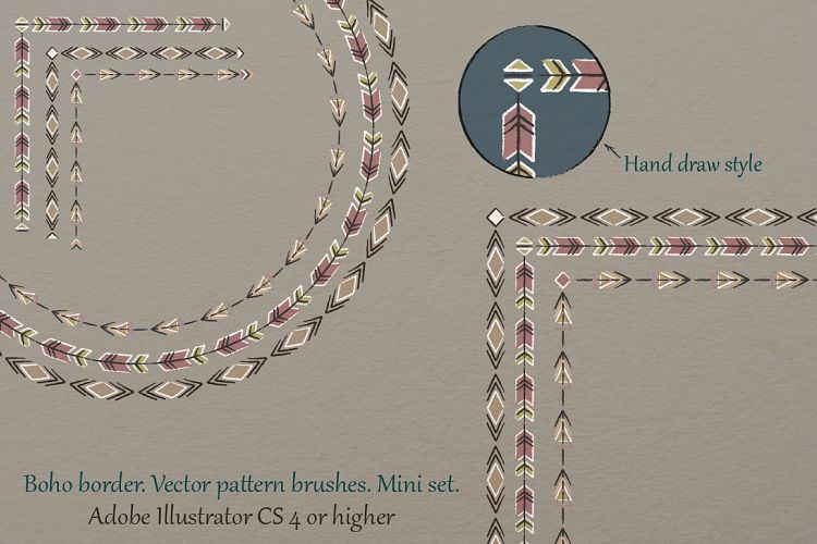 Boho border. Vector pattern brushes. Mini set.