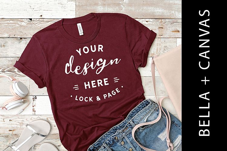 Bella Canvas 3001 Maroon Mockup T-Shirt Fashion Flat Lay