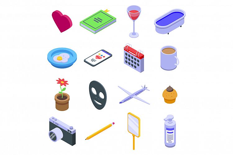 Self-care icons set, isometric style