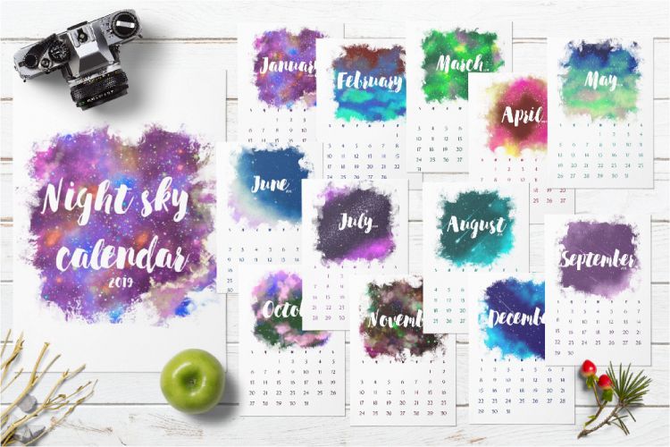 2019 Calendar printable. Galaxy monthly desk calendar