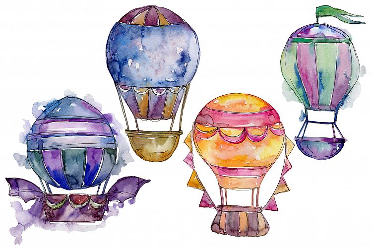 Watercolor blue hot air balloon PNG set