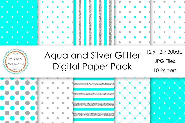 Aqua and Silver Digital Paper Pack
