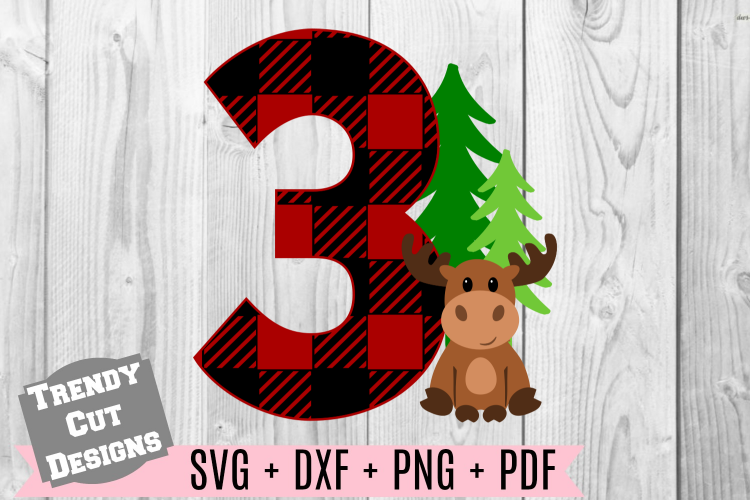 Three Moose Buffalo Plaid Birthday Set SVG