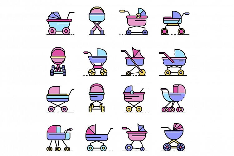 Pram icons set line color vector example image 1