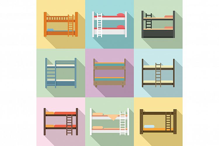 Bunk bed icons set, flat style example image 1