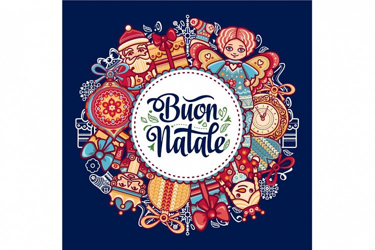 Buon Natale. Christmas template. Greeting card. Winter holiday in Italy. Congratulation on Italian. Vintage style.