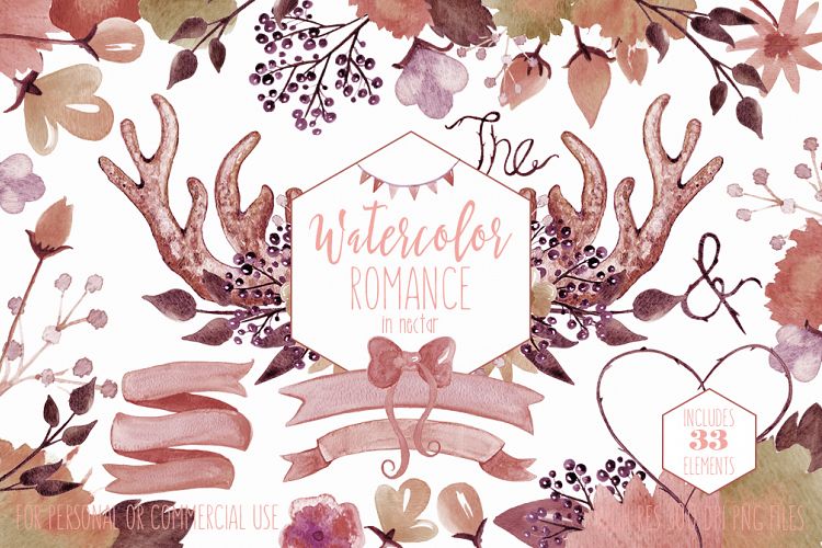 DEER ANTLER FLORAL Clipart Peach Flowers Rustic Floral Bouquets Watercolor Digital Background Paper Wedding graphics