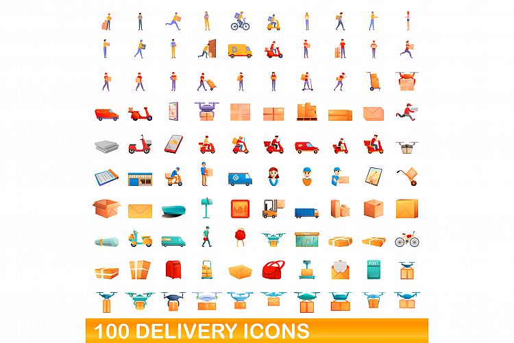 100 delivery icons set, cartoon style example image 1