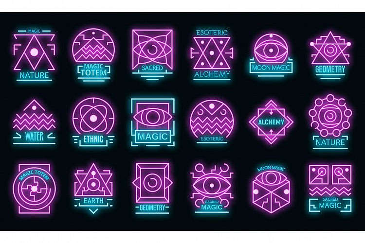 Geometric alchemy icons set vector neon