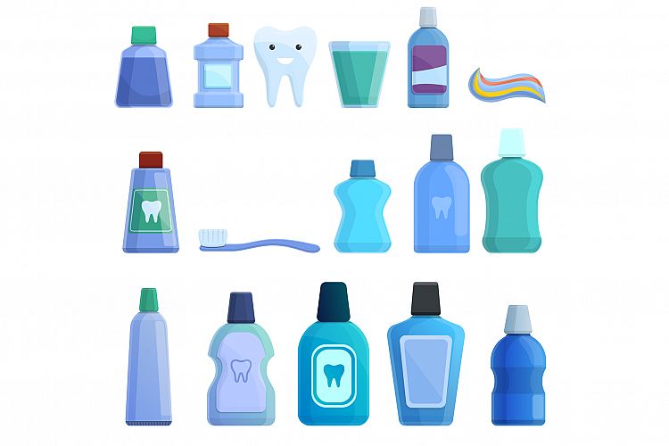 Tooth rinse icons set, cartoon style example image 1