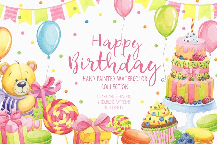 Happy Birthday hand painted watercolor collection