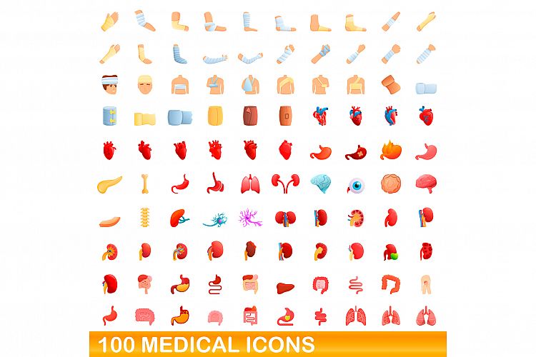 100 medical icons set, cartoon style example image 1