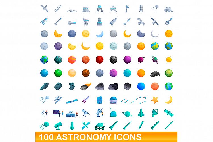100 astronomy icons set, cartoon style example image 1