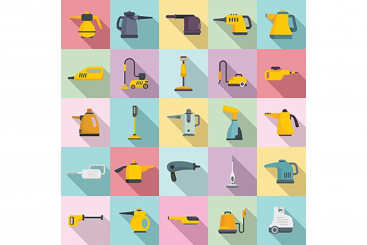 Steam cleaner icons set, flat style example image 1