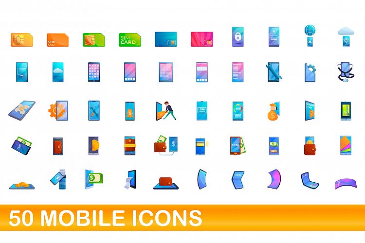 50 mobile icons set, cartoon style