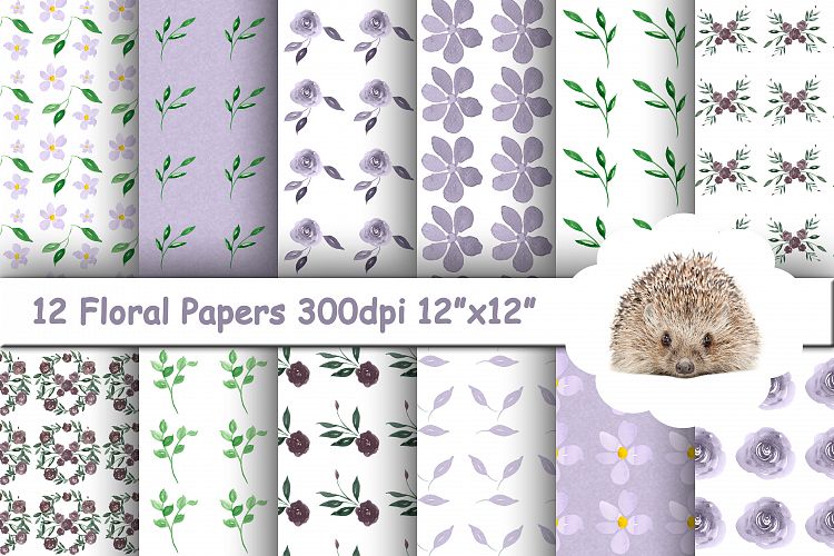 12 Seamless Purple Floral Patterns in Shades of Purple, Lilac and Green 