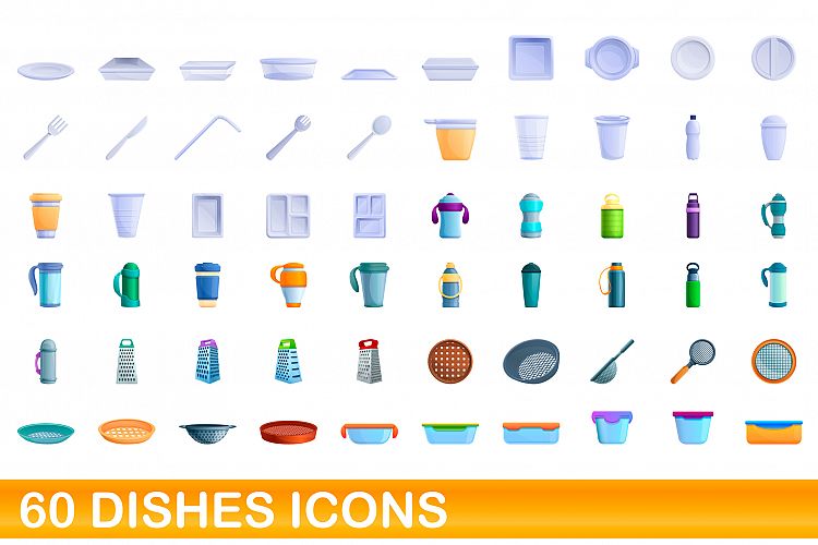 60 dishes icons set, cartoon style example image 1