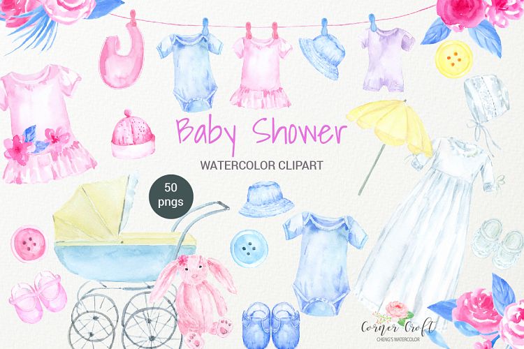 Watercolor Clipart Baby Shower, Baby Cloth, Pram, Crib, Christening Gown, Dress 