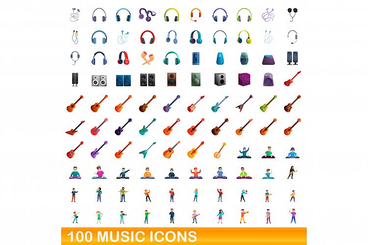 100 music icons set, cartoon style example image 1
