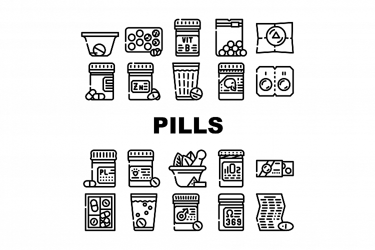 Pills Medicaments Collection Icons Set Vector Illustration