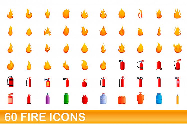 60 fire icons set, cartoon style example image 1