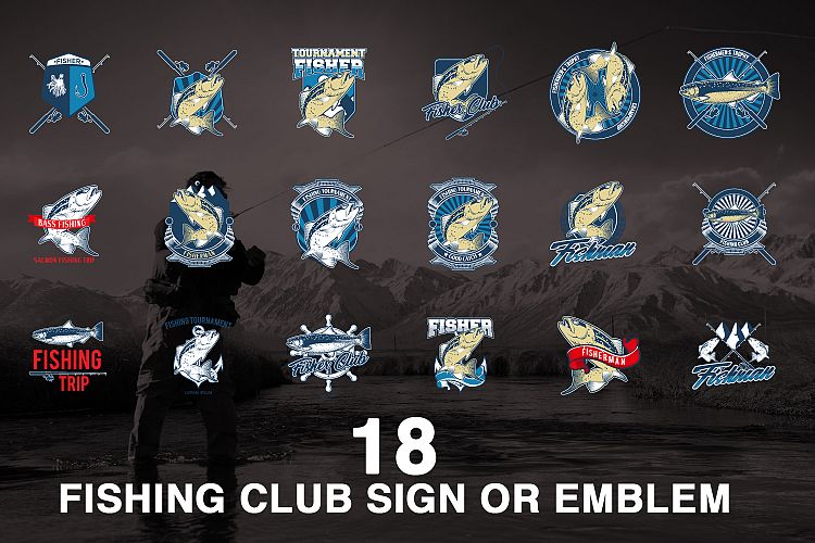 18 Fishing club icon or emblem