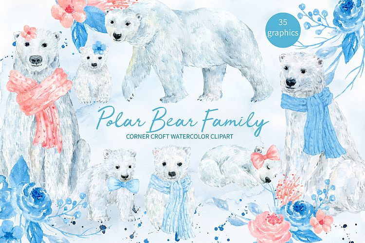 Watercolor clipart polar bear family for instant download