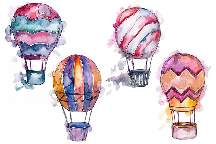 Watercolor pink hot air balloon PNG set  