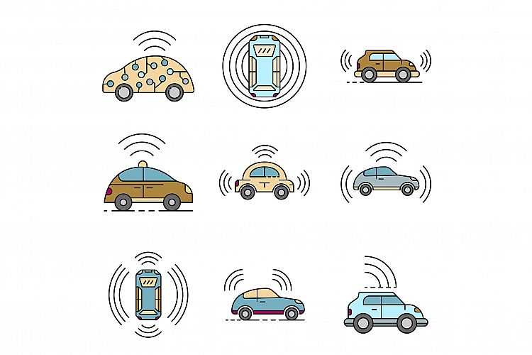 Driverless car icons set line color vector example image 1