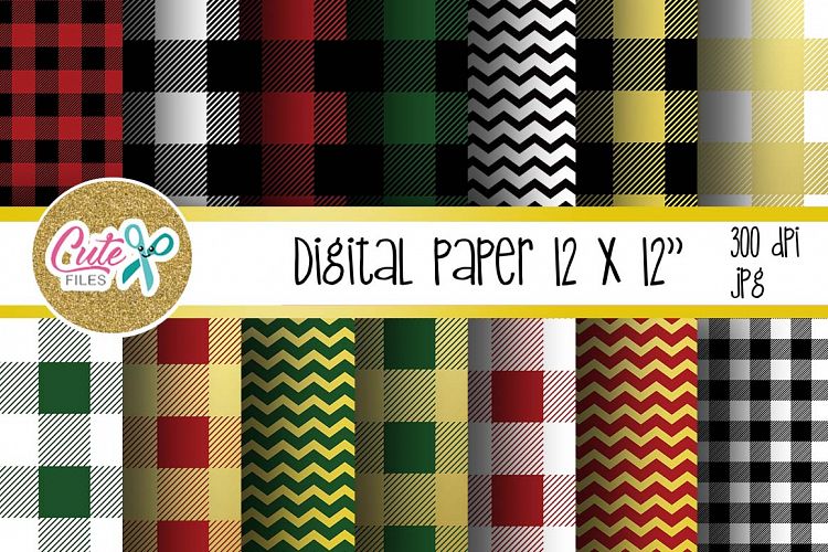 Buffalo plaid pattern, gold chevron digital paper