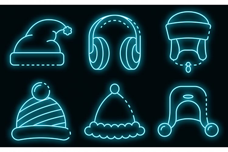 Winter headwear icons set vector neon example image 1